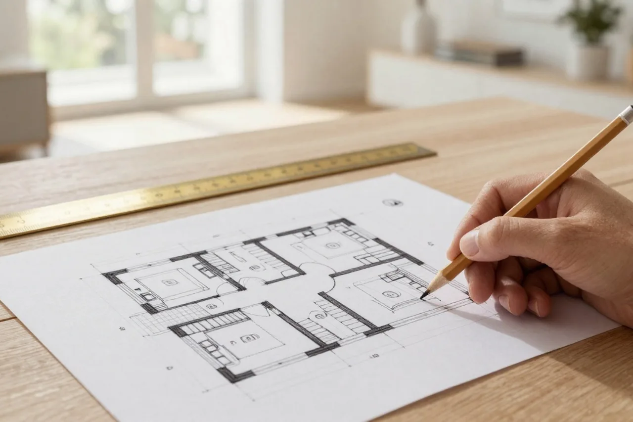 Main d'architecte dessinant un plan à la main sur papier