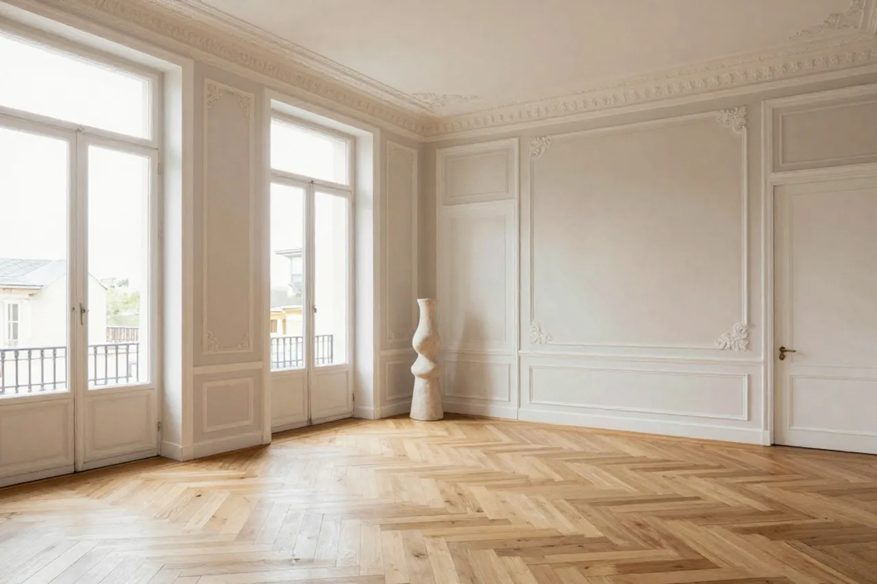 Appartement haussmannien rénové, parquet en chevrons et moulures