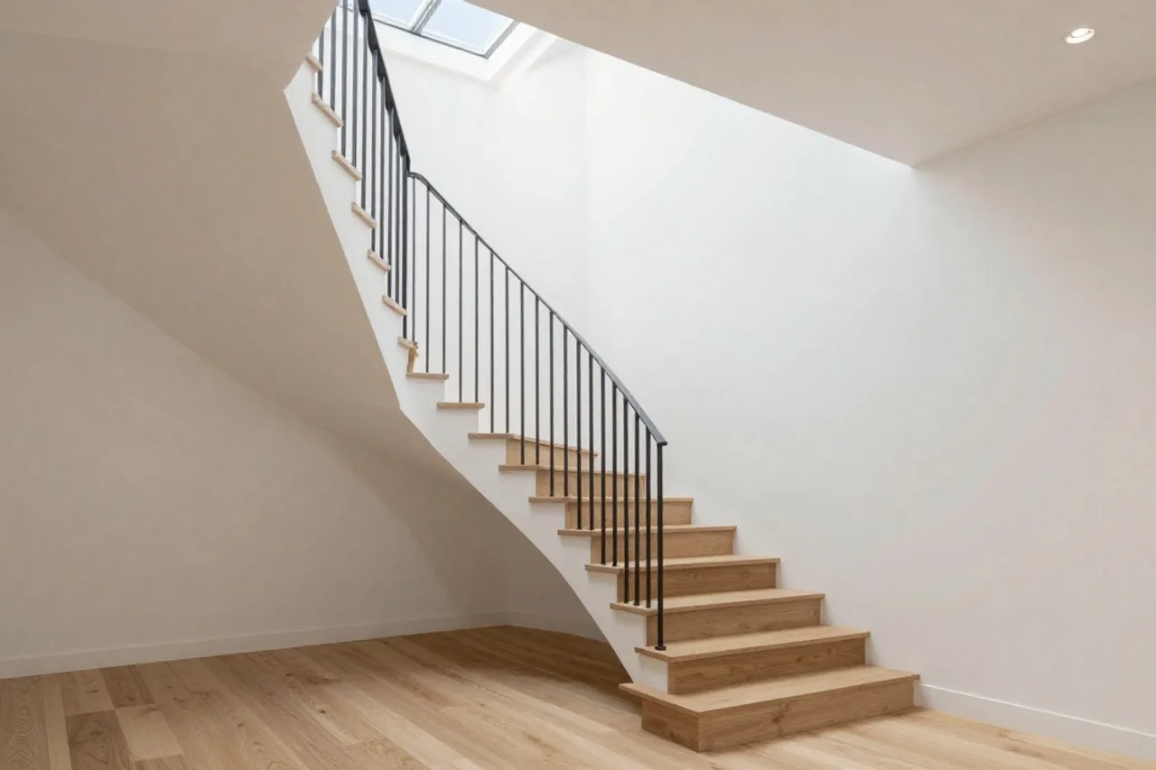 Escalier de maison de ville, marches en chêne et lumière zénithale